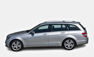 Silver Mercedes-Benz C-Class Estate Station Wagon posing on white background