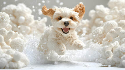 Happy fluffy dog jumping through white fluffy clouds with its ears flying up Big smile with an open mouth and dark eye