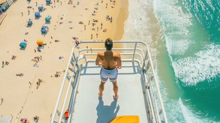Lifeguard watching crowded beach from observation tower