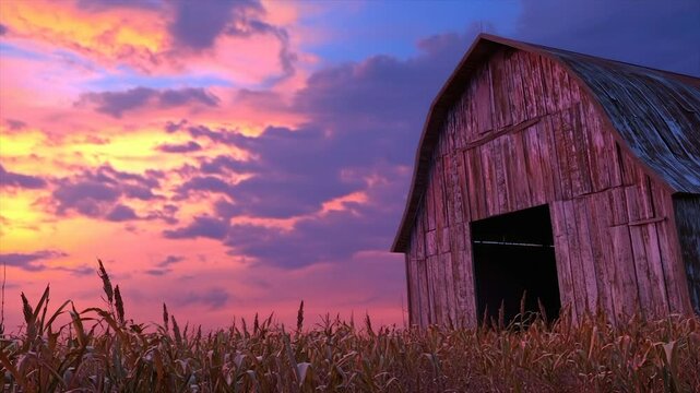 Rustic barn silhouetted against a vibrant sunset over a field