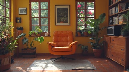 Cozy room with orange armchair plants windows and bookcase bathed in sunlight.