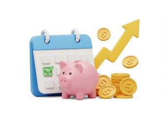 Calendar with piggy bank and coins showing financial planning time isolated on white background