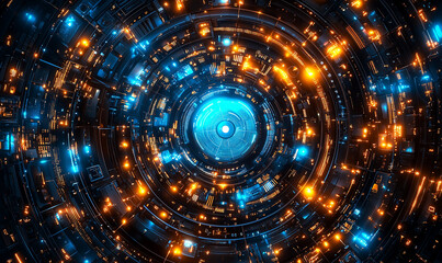 Obraz premium A stunning digital rendering of a futuristic tunnel filled with glowing lights and intricate patterns, evoking a sense of depth and technology.