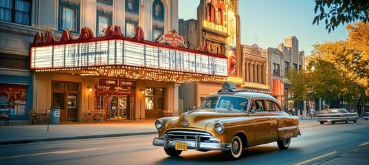 Obraz premium Classic yellow cab driving by vintage movie theater at sunset