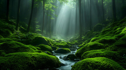 Sun shines into the forest highlighting the lush green moss-covered rocks and flowing water of the stream