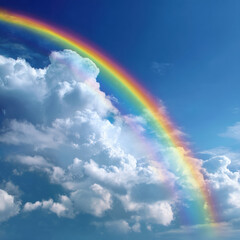 vibrant rainbow arcs gracefully across bright blue sky, surrounded by fluffy white clouds, creating serene and uplifting atmosphere