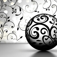 decorative black and white sphere rests on smooth surface, surrounded by elegant floral pattern. design features swirling vines and leaves, creating sophisticated atmosphere