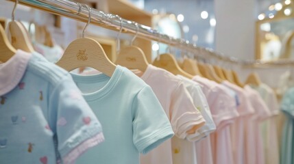 Children clothes hanging on hangers in a fashion retail store