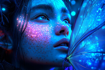 Closeup portrait of woman with glowing freckles facing luminous blue butterfly