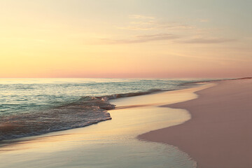 Obraz premium Peaceful sunset over ocean beach, gentle waves lapping sandy shore, soft pastel colors evoke serenity and tranquility, ideal for travel or relaxation themes