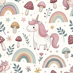Kawaii Unicorn Seamless Pattern – Minimal Pastel Design with Rainbows, Mushrooms and Stars for Kids, Scrapbooking, Fabric or print on demand