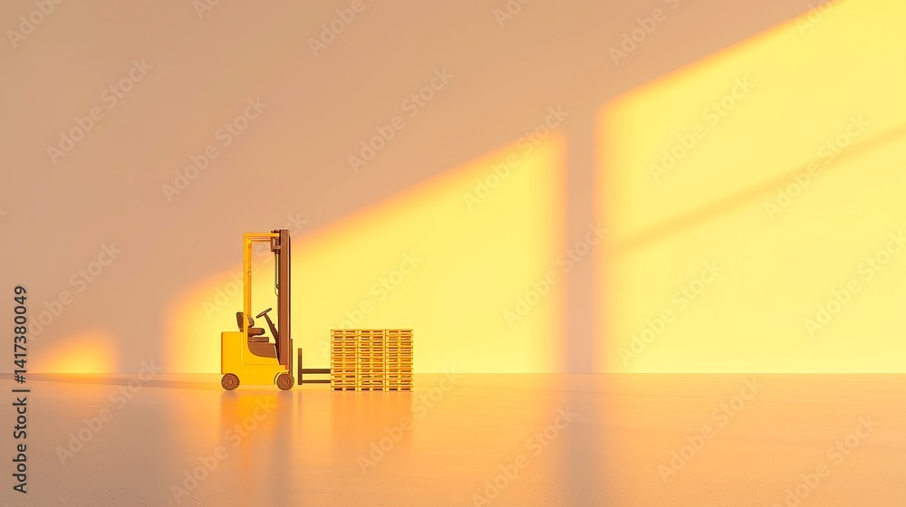 Aufkleber yellow forklift transporting empty pallets in a vast warehouse, illuminated by warm golden hour ligh