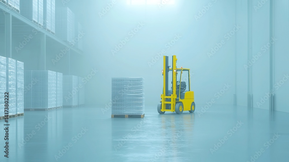 Poster yellow forklift transporting empty pallets in a large warehouse, surrounded by crates marked for int
