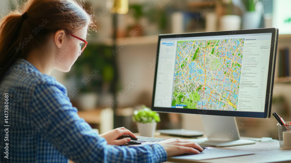 Poster female architect working on a city map using cad software