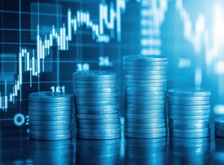 Blue and Silver Coins with Financial Graph and Market Trends Background