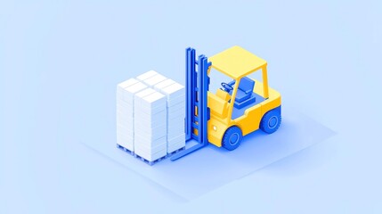 Naklejka premium Isometric blueprint of a yellow forklift transporting empty pallets in a spacious warehouse, showcasing a clean and technical illustration of industrial logistics.