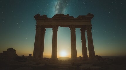 Fototapeta premium Ancient ruins bathed in sunrise, starlit sky