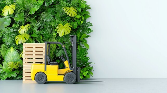 Yellow forklift transporting empty pallets in a spacious warehouse featuring a vibrant vertical garden, blending industrial elements with eco-friendly design for a modern ambiance.