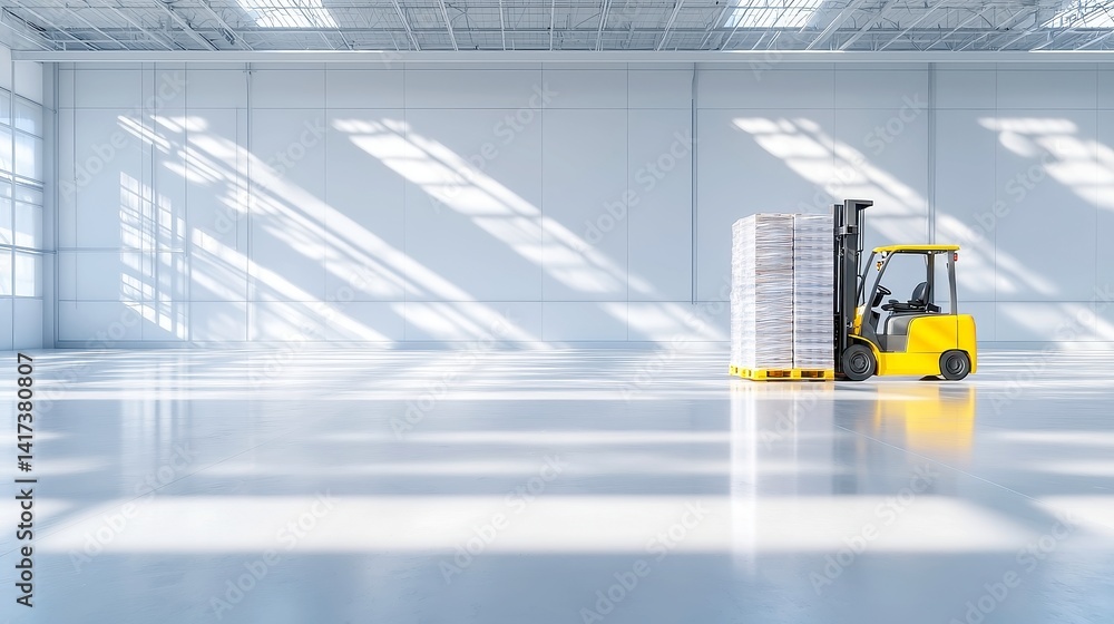 Poster yellow forklift transporting empty pallets in a spacious warehouse, sunlight filtering through skyli