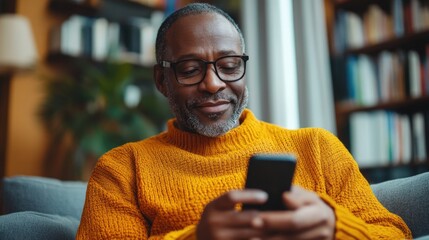 Elderly man enjoying a cozy afternoon while browsing his smartphone in a well-lit living space adorned with books