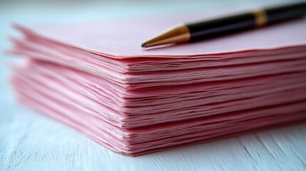 A stack of pink paper sheets with a black pen resting on top, set against a light wooden background