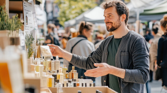 Customer choosing natural cosmetics at outdoor market
