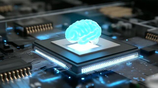 Futuristic Machine Learning Chip with Blue Brain Visualization