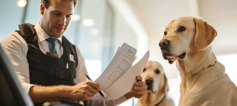 Security guard checking documents with labrador retriever dogs