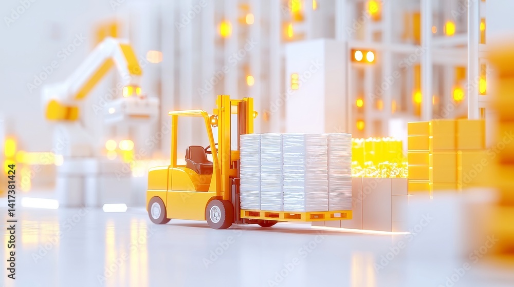 Poster yellow forklift transporting empty pallets in a vast warehouse, positioned next to a robotic arm sor
