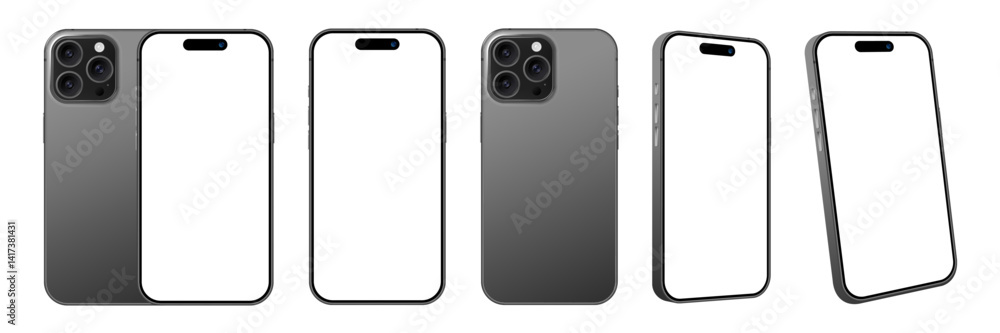 Poster realistic mobile phone 3d devices with blank display mockup set. collection of smartphones with fron