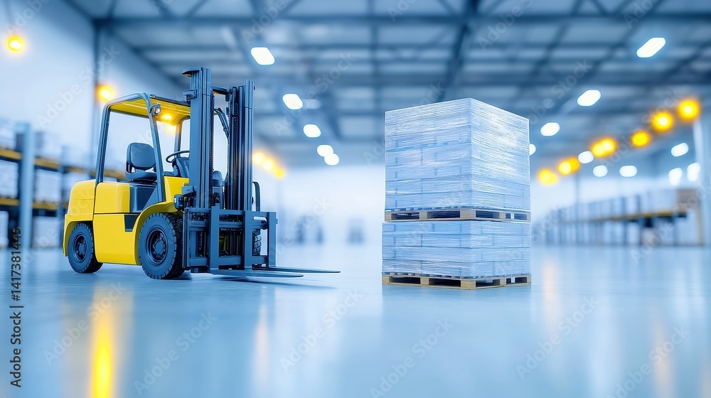 Poster yellow forklift transporting empty pallets in a spacious warehouse, illuminated by task lighting and