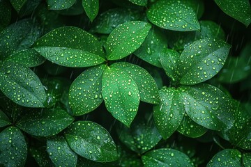 Obraz premium Lush green leaves covered in raindrops
