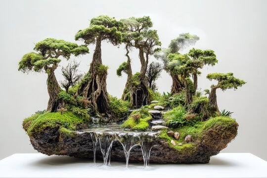A meticulously crafted bonsai landscape with a miniature waterfall.