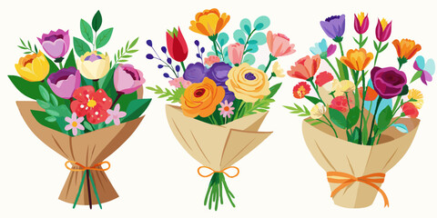 Fototapeta premium Beautiful floral bouquets wrapped in kraft paper with spring and summer flowers. Vibrant blooms in rustic wrapping, seasonal bouquet arrangements in fresh bright colors.