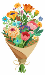 Hermosos ramos florales envueltos en papel kraft con flores de primavera y verano. Flores vibrantes envueltas en papel rústico, arreglos florales de temporada en colores frescos y vibrantes.