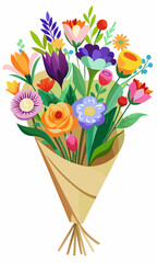 Hermosos ramos florales envueltos en papel kraft con flores de primavera y verano. Flores vibrantes envueltas en papel r&uacute;stico, arreglos florales de temporada en colores frescos y vibrantes.