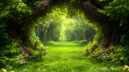 Naklejka premium Natures tunnel of trees frames a green grassy path with flowers inviting exploration into a lush sunlit forest