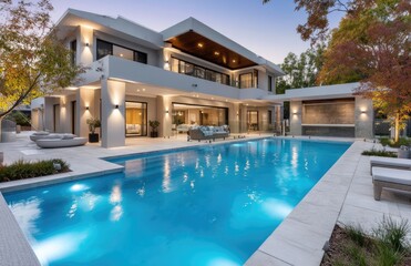 Fototapeta premium High-end modern home with a large backyard and swimming pool