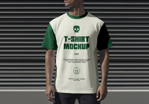 Men Wearing T-Shirt PSD Mockup