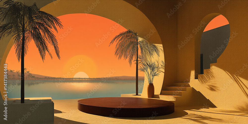 Poster sunset scene with palm trees, water, and a circular wooden podium showcase, creating a tranquil and 