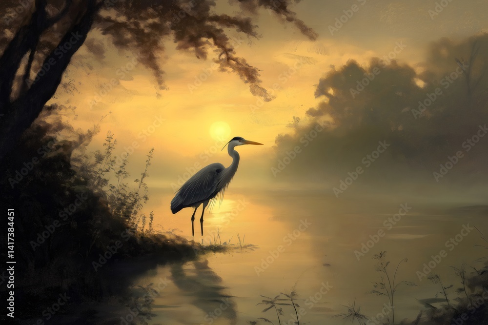 Poster grey heron standing motionless in a shallow river at sunrise with fog and trees in the background, c