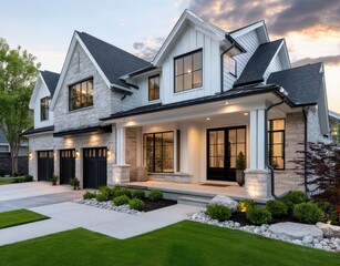 A modern farmhouse-style home exterior with white siding, large windows, and an oversized garage