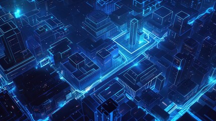 Futuristic digital cityscape in blue light