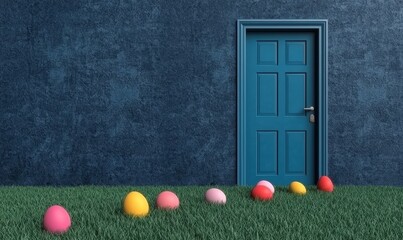 Colorful Easter Eggs Leading to a Blue Door on Grass Background
