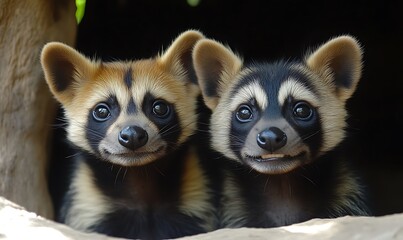 Two Cute Raccoon Cubs Peeking Out From Den with Curious Eyes