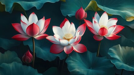 Vibrant Red and White Lotus Flowers with Lush Green Leaves and Dark Teal Background in Macro Photography