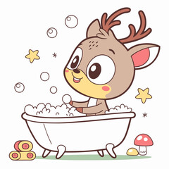 Naklejka premium Vector cartoon cute baby deer bathing in bathtub filled with foam