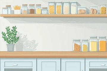 Kitchen with pantry shelves full of food