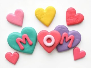 Fototapeta premium Colorful clay hearts forming mom message for mother's day on a white background top down view