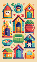 Naklejka premium Colorful set of cartoon doghouses with playful designs and dog accessories. Fun, vibrant doghouses in various shapes, including beds and bowls for pets